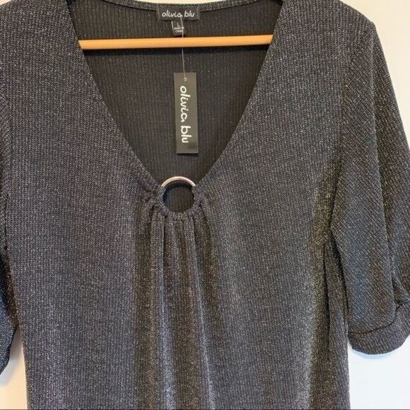 New with tag black shimmery v neckline women top with half sleeves size large - Picture 7 of 8